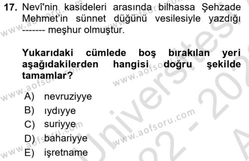 XVI. Yüzyıl Türk Edebiyatı Dersi 2022 - 2023 Yılı (Vize) Ara Sınavı 17. Soru