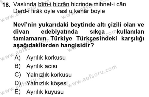 XVI. Yüzyıl Türk Edebiyatı Dersi 2022 - 2023 Yılı (Vize) Ara Sınavı 18. Soru