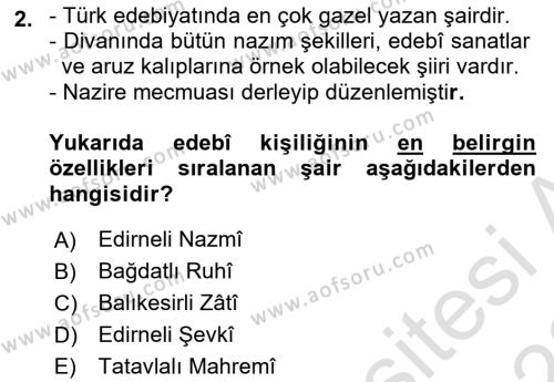 XVI. Yüzyıl Türk Edebiyatı Dersi 2022 - 2023 Yılı (Vize) Ara Sınavı 2. Soru