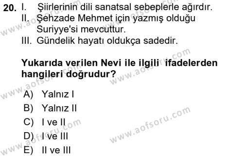 XVI. Yüzyıl Türk Edebiyatı Dersi 2022 - 2023 Yılı (Vize) Ara Sınavı 20. Soru