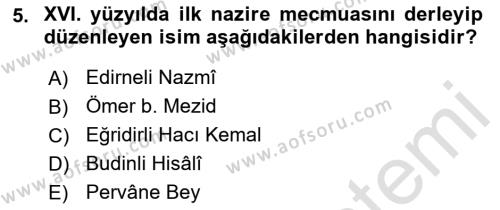XVI. Yüzyıl Türk Edebiyatı Dersi 2022 - 2023 Yılı (Vize) Ara Sınavı 5. Soru