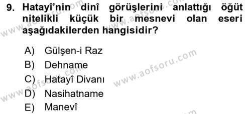 XVI. Yüzyıl Türk Edebiyatı Dersi 2022 - 2023 Yılı (Vize) Ara Sınavı 9. Soru