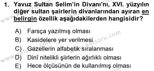 XVI. Yüzyıl Türk Edebiyatı Dersi 2022 - 2023 Yılı (Final) Dönem Sonu Sınavı 1. Soru