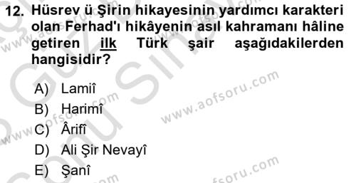 XVI. Yüzyıl Türk Edebiyatı Dersi 2022 - 2023 Yılı (Final) Dönem Sonu Sınavı 12. Soru