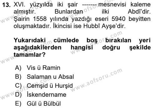 XVI. Yüzyıl Türk Edebiyatı Dersi 2022 - 2023 Yılı (Final) Dönem Sonu Sınavı 13. Soru