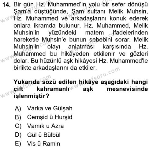 XVI. Yüzyıl Türk Edebiyatı Dersi 2022 - 2023 Yılı (Final) Dönem Sonu Sınavı 14. Soru