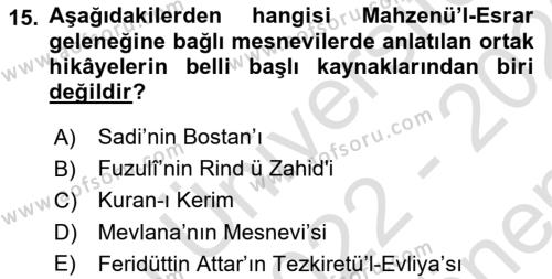 XVI. Yüzyıl Türk Edebiyatı Dersi 2022 - 2023 Yılı (Final) Dönem Sonu Sınavı 15. Soru