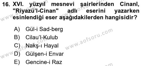 XVI. Yüzyıl Türk Edebiyatı Dersi 2022 - 2023 Yılı (Final) Dönem Sonu Sınavı 16. Soru