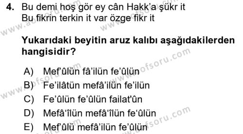 XVI. Yüzyıl Türk Edebiyatı Dersi 2022 - 2023 Yılı (Final) Dönem Sonu Sınavı 4. Soru