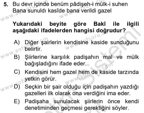 XVI. Yüzyıl Türk Edebiyatı Dersi 2022 - 2023 Yılı (Final) Dönem Sonu Sınavı 5. Soru