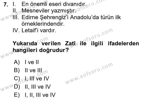 XVI. Yüzyıl Türk Edebiyatı Dersi 2022 - 2023 Yılı (Final) Dönem Sonu Sınavı 7. Soru