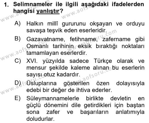 XVI. Yüzyıl Türk Edebiyatı Dersi 2022 - 2023 Yılı Yaz Okulu Sınavı 1. Soru