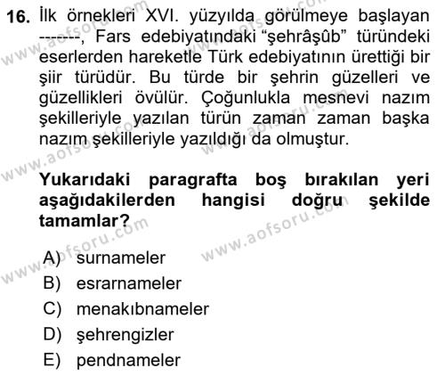 XVI. Yüzyıl Türk Edebiyatı Dersi 2022 - 2023 Yılı Yaz Okulu Sınavı 16. Soru