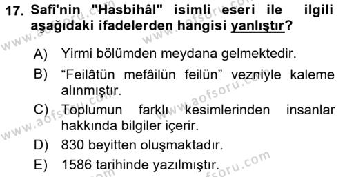 XVI. Yüzyıl Türk Edebiyatı Dersi 2022 - 2023 Yılı Yaz Okulu Sınavı 17. Soru