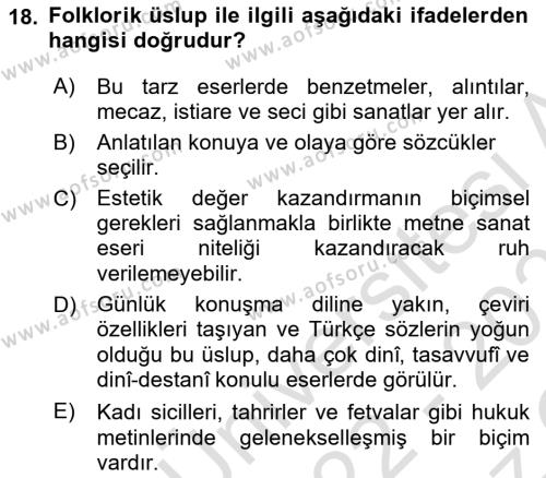 XVI. Yüzyıl Türk Edebiyatı Dersi 2022 - 2023 Yılı Yaz Okulu Sınavı 18. Soru