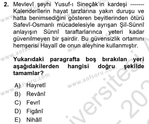 XVI. Yüzyıl Türk Edebiyatı Dersi 2022 - 2023 Yılı Yaz Okulu Sınavı 2. Soru