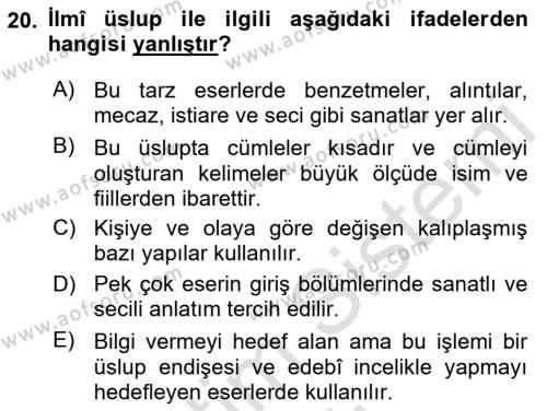 XVI. Yüzyıl Türk Edebiyatı Dersi 2022 - 2023 Yılı Yaz Okulu Sınavı 20. Soru