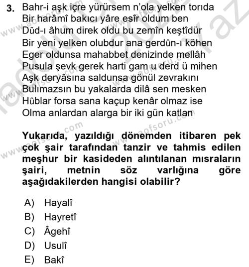 XVI. Yüzyıl Türk Edebiyatı Dersi 2022 - 2023 Yılı Yaz Okulu Sınavı 3. Soru