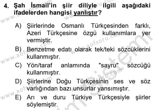 XVI. Yüzyıl Türk Edebiyatı Dersi 2022 - 2023 Yılı Yaz Okulu Sınavı 4. Soru