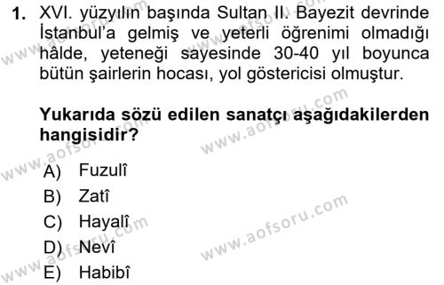 XVI. Yüzyıl Türk Edebiyatı Dersi 2023 - 2024 Yılı (Vize) Ara Sınavı 1. Soru