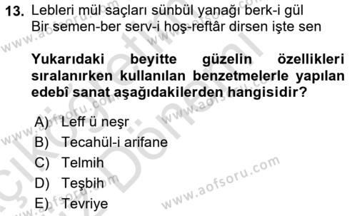 XVI. Yüzyıl Türk Edebiyatı Dersi 2023 - 2024 Yılı (Vize) Ara Sınavı 13. Soru