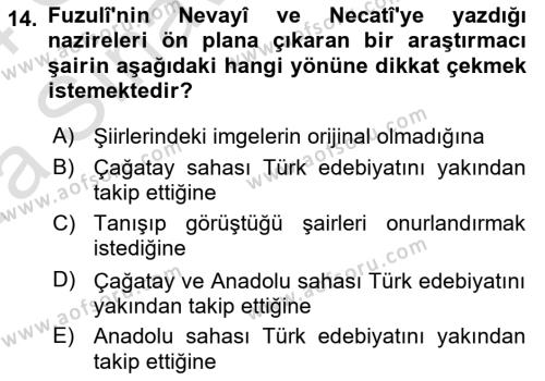 XVI. Yüzyıl Türk Edebiyatı Dersi 2023 - 2024 Yılı (Vize) Ara Sınavı 14. Soru