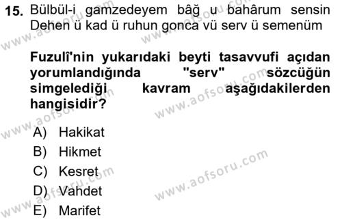 XVI. Yüzyıl Türk Edebiyatı Dersi 2023 - 2024 Yılı (Vize) Ara Sınavı 15. Soru