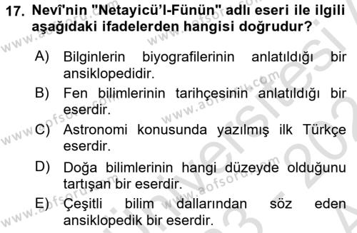 XVI. Yüzyıl Türk Edebiyatı Dersi 2023 - 2024 Yılı (Vize) Ara Sınavı 17. Soru