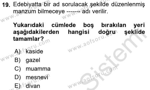 XVI. Yüzyıl Türk Edebiyatı Dersi 2023 - 2024 Yılı (Vize) Ara Sınavı 19. Soru