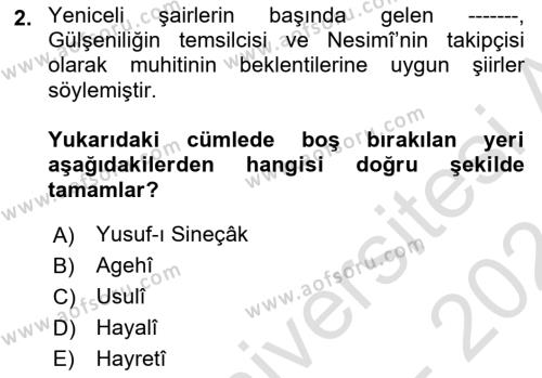 XVI. Yüzyıl Türk Edebiyatı Dersi 2023 - 2024 Yılı (Vize) Ara Sınavı 2. Soru