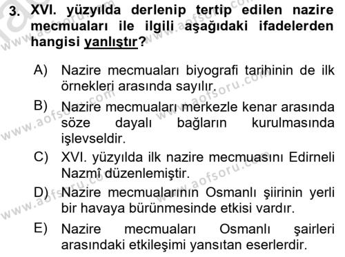 XVI. Yüzyıl Türk Edebiyatı Dersi 2023 - 2024 Yılı (Vize) Ara Sınavı 3. Soru