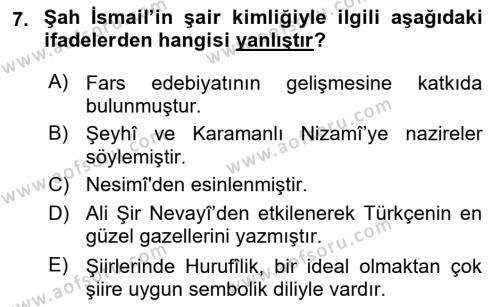 XVI. Yüzyıl Türk Edebiyatı Dersi 2023 - 2024 Yılı (Vize) Ara Sınavı 7. Soru