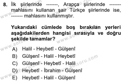 XVI. Yüzyıl Türk Edebiyatı Dersi 2023 - 2024 Yılı (Vize) Ara Sınavı 8. Soru