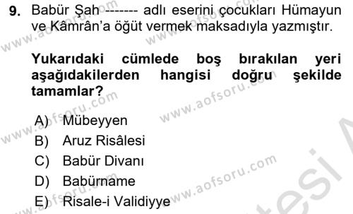 XVI. Yüzyıl Türk Edebiyatı Dersi 2023 - 2024 Yılı (Vize) Ara Sınavı 9. Soru