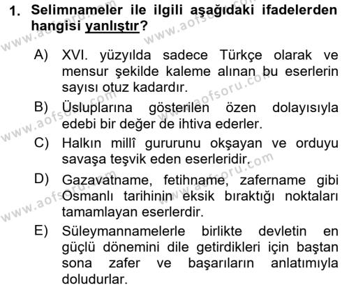 XVI. Yüzyıl Türk Edebiyatı Dersi 2023 - 2024 Yılı (Final) Dönem Sonu Sınavı 1. Soru