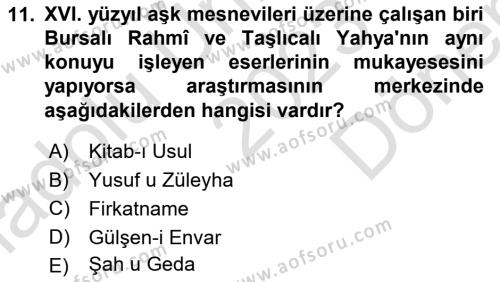 XVI. Yüzyıl Türk Edebiyatı Dersi 2023 - 2024 Yılı (Final) Dönem Sonu Sınavı 11. Soru