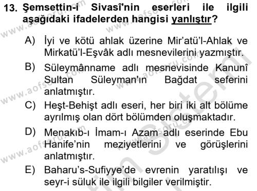 XVI. Yüzyıl Türk Edebiyatı Dersi 2023 - 2024 Yılı (Final) Dönem Sonu Sınavı 13. Soru