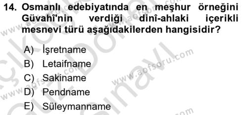 XVI. Yüzyıl Türk Edebiyatı Dersi 2023 - 2024 Yılı (Final) Dönem Sonu Sınavı 14. Soru