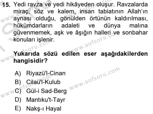 XVI. Yüzyıl Türk Edebiyatı Dersi 2023 - 2024 Yılı (Final) Dönem Sonu Sınavı 15. Soru