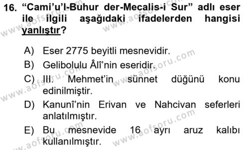 XVI. Yüzyıl Türk Edebiyatı Dersi 2023 - 2024 Yılı (Final) Dönem Sonu Sınavı 16. Soru