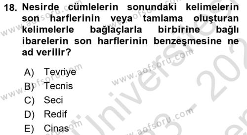 XVI. Yüzyıl Türk Edebiyatı Dersi 2023 - 2024 Yılı (Final) Dönem Sonu Sınavı 18. Soru