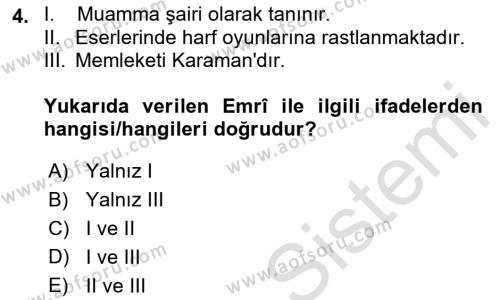 XVI. Yüzyıl Türk Edebiyatı Dersi 2023 - 2024 Yılı (Final) Dönem Sonu Sınavı 4. Soru