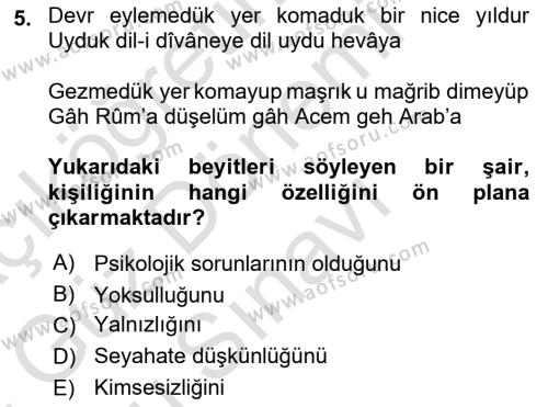 XVI. Yüzyıl Türk Edebiyatı Dersi 2023 - 2024 Yılı (Final) Dönem Sonu Sınavı 5. Soru