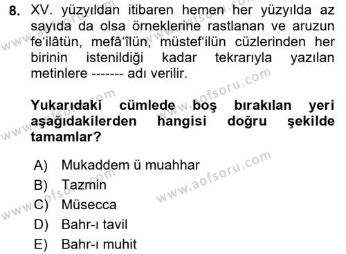 XVI. Yüzyıl Türk Edebiyatı Dersi 2023 - 2024 Yılı (Final) Dönem Sonu Sınavı 8. Soru