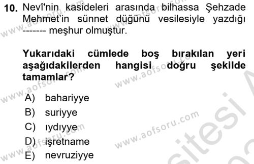 XVI. Yüzyıl Türk Edebiyatı Dersi 2023 - 2024 Yılı Yaz Okulu Sınavı 10. Soru