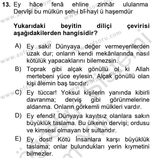 XVI. Yüzyıl Türk Edebiyatı Dersi 2023 - 2024 Yılı Yaz Okulu Sınavı 13. Soru