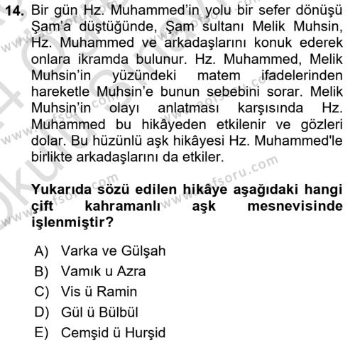 XVI. Yüzyıl Türk Edebiyatı Dersi 2023 - 2024 Yılı Yaz Okulu Sınavı 14. Soru