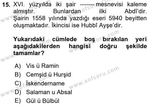 XVI. Yüzyıl Türk Edebiyatı Dersi 2023 - 2024 Yılı Yaz Okulu Sınavı 15. Soru