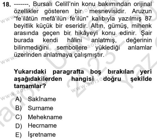 XVI. Yüzyıl Türk Edebiyatı Dersi 2023 - 2024 Yılı Yaz Okulu Sınavı 18. Soru