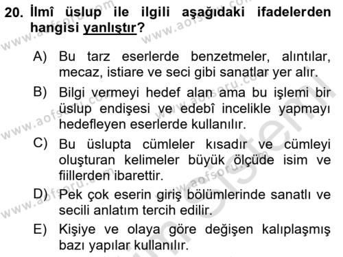 XVI. Yüzyıl Türk Edebiyatı Dersi 2023 - 2024 Yılı Yaz Okulu Sınavı 20. Soru